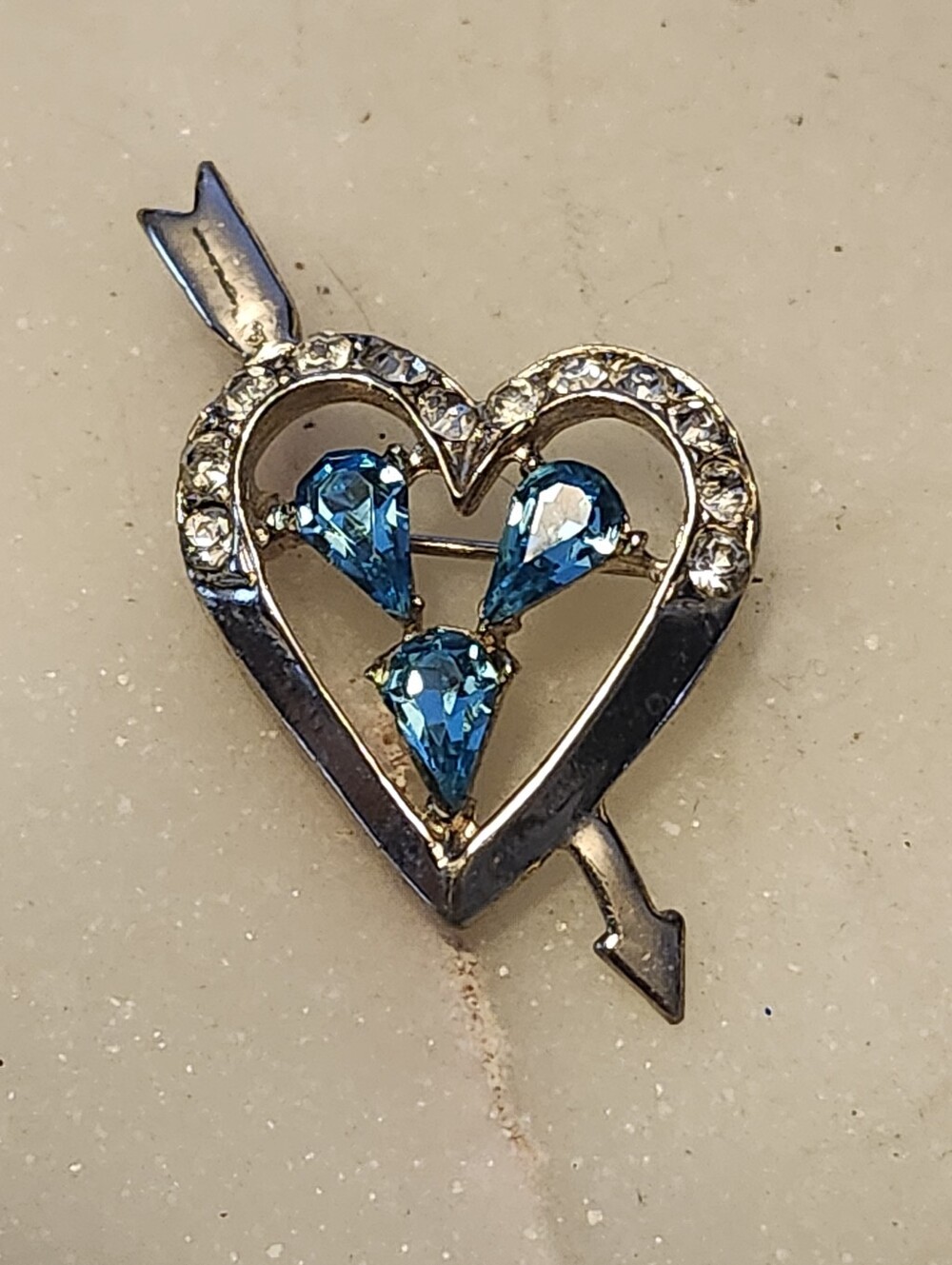Blue Crystal Heart Arrow Brooch - Silver Tone